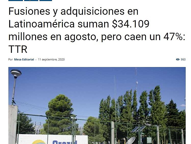 Fusiones y adquisiciones en Latinoamrica suman $34.109 millones en agosto, pero caen un 47%: TTR.